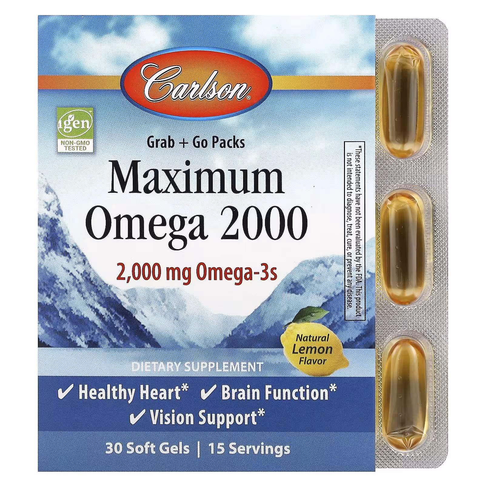 Carlson, Maximum Omega 2000, омега с натуральным лимонным вкусом, 2000 мг, 30 капсул (1000 мг в 1 ка
