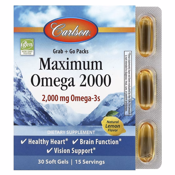 Carlson, Maximum Omega 2000, омега с натуральным лимонным вкусом, 2000 мг, 30 капсул (1000 мг в 1 ка