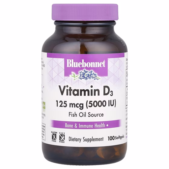 Bluebonnet Nutrition, витамин D3, 125 мкг (5000 МЕ), 100 мягких таблеток