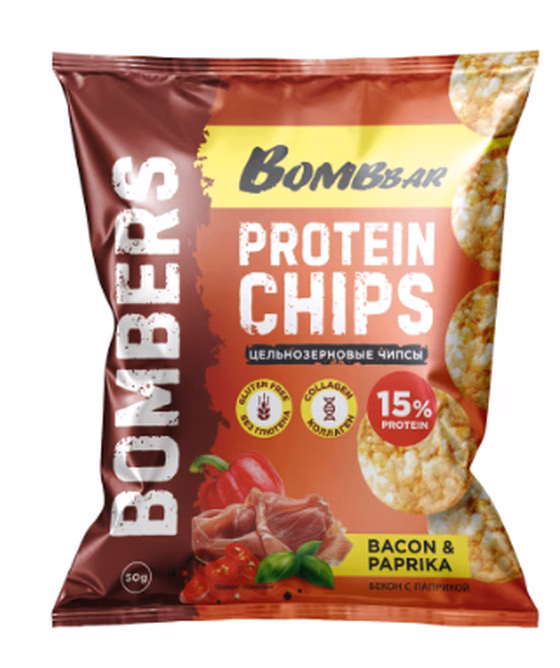 BOMBBAR, Чипсы цельнозерновые протеиновые со вкусом Бекон с паприкой, 50 г